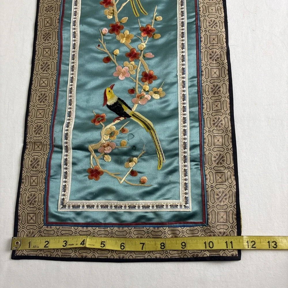 Vintage Chinese Silk Embroidery Panel Birds Teal Silk Metallic 11.5x25